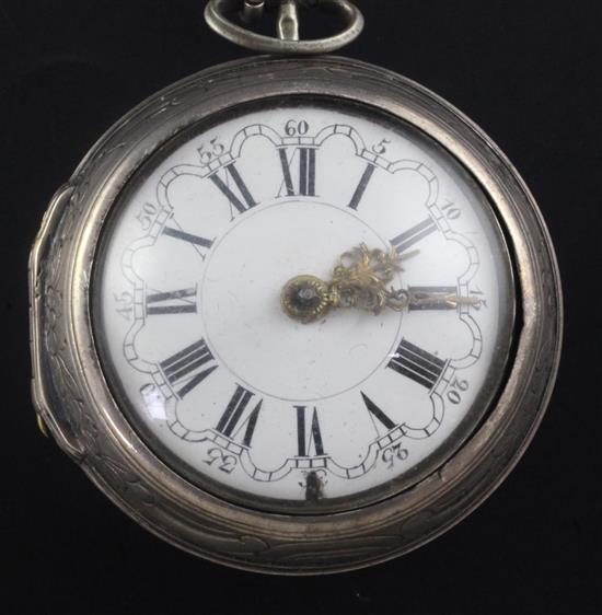 A late 18th century repousse silver pair cased keywind verge pocket watch by J. Tarts, London,